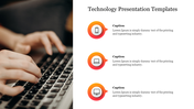 Technology slide with three captions and icons representing a smartphone, laptop, and desktop computer with placeholder text.