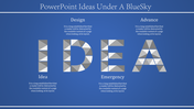 Creative slide design displaying idea in geometric typography, with descriptive sections on a blue theme.