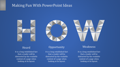 Blue background slide featuring the word how in geometric typography, split into three segments.