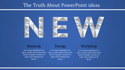 Blue background slide showcasing new in geometric typography, with sections labeled network, energy, and workshop.
