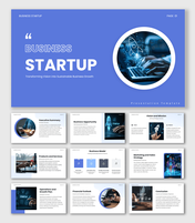 Business Startup PPT with blue layout, circular startup image, growth strategy, business model, and finance.