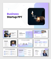 Business Startup PPT Presentation showing innovation launch, mission statement, growth strategy, and market insights.