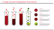 Slide featuring a 4 stage process with four test tubes filled with different colored liquids and labeled options A to D.