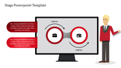 Stage PowerPoint template featuring a two step process with icons for each stage and captions on both sides.
