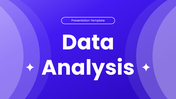 Data Analytics PowerPoint with purple theme, charts, graphs, icons, shapes, and clean text layout design.