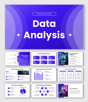 Data Analytics PowerPoint with purple theme, charts, graphs, icons, shapes, and clean text layout design.