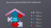 Real estate slide featuring a house shaped puzzle design with colored pieces and a vertical line with icons and text.