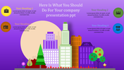 Vibrant cityscape slide with headings, icons, and a mix of greenery and modern company buildings under a gradient sky.