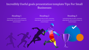 Goals PPT template for small businesses with colorful silhouettes, a trophy, and geometric shapes, along with headings.
