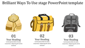Backpack-themed template with three stages, each featuring a numbered illustration and a placeholder text areas.