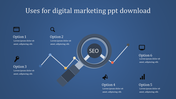 Blue background slide with a magnifying glass highlighting SEO and six black icons connected by a line graph.