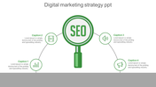 Digital marketing strategy slide with SEO focus, including green icons for video, audio, and data analysis, with captions.