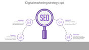 Purple magnifying glass with SEO text at center, linked to four circular icons in a semi circular arrangement.