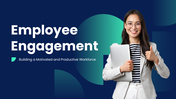 Employee engagement slides with modern blue-green design, visuals, icons, and structured slides for workforce insights.
