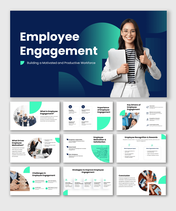 Employee engagement slides with modern blue-green design, visuals, icons, and structured slides for workforce insights.