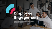 Employee Engagement PowerPoint with team meeting, charts, icons, blue theme, editable layouts.