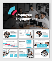 Employee Engagement PowerPoint with team meeting, charts, icons, blue theme, editable layouts.