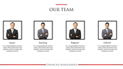 Slide featuring portraits of four team members in black squared frames, with individual descriptions under each name.