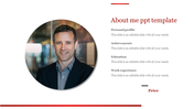 Profile slide with a circular photo, with personal and achievement text details on the right.