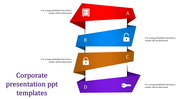 Colorful corporate presentation template with four spiraling layers, each with a unique icon and caption.