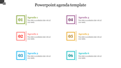 Structured agenda template with six sections, each with unique numbers and caption areas placed in a white background.