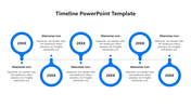 A timeline PowerPoint template with blue circular milestones connected by arrows, showing years and brief descriptions.