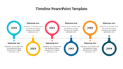 Horizontal timeline layout with six colorful circular markers in blue, red, orange, and teal, connected by dashed lines.