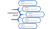 Corporate sales slide with a blue branching structure connected to five hexagonal text boxes labeled as options.