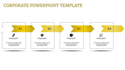 Yellow themed corporate slide with four rectangular steps linked by arrows and circular connection points.