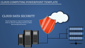 Slide on cloud computing data security showing servers, a shield icon, and a cloud illustration on a blue backdrop.
