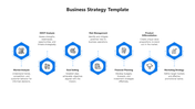 Blue hexagon shaped icons connected, illustrating seven business strategy steps market analysis to marketing strategy.
