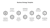 Gray hexagonal infographic showing seven connected business strategy elements with text and icons.