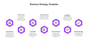 Infographic featuring seven purple hexagonal shapes with icons and connected text for strategy elements.