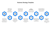 Business strategy PPT template featuring eight blue hexagonal icons with descriptions for key strategies.