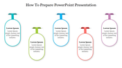 PowerPoint design with five steps on how to prepare a presentation, each with different color sections with placeholder text.