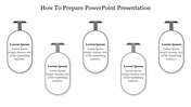 PowerPoint design with five steps on how to prepare a presentation, each with grey color sections with placeholder text.