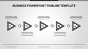 Gray triangular based timeline template with five icons and explanatory text, showing sequential steps in a business process.