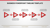 Timeline PPT template with red triangle icons representing document, presentation, team, and file management in a sequence.