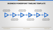 Blue themed timeline with six triangular arrows and text, representing different stages with icons and labels.