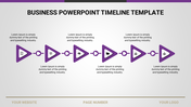 Business timeline PowerPoint template with purple arrows and icons with placeholder text.