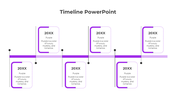 Timeline with six alternating purple bordered text boxes, on a horizontal line, against a light background.
