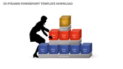 Structured 3D model of cubes in blue, red, and gold with placeholder text and a crouching silhouette adjusting a block.