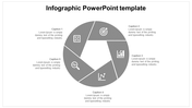 Gray themed infographic template with five parts, arranged in a circle with icons and text placeholders.