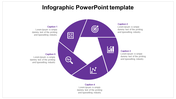 Purple circular diagram template divided into five segments with business analytics icons and surrounding text caption areas.