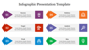 Infographic slide with six colorful diamond shaped icons and text blocks arranged in two columns, on a white background.