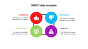 Infographic style SWOT slide with four circles and icons linked to text areas labeled Strength to Threats.
