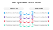 Four colored rows with circular connectors and icons in blue, purple, red, and green, arranged in a matrix layout.