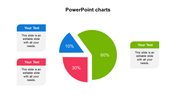 Colorful pie chart in PowerPoint slide showing 60, 30, and 10 percent segments with text boxes on a white backdrop.