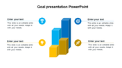 Goal focused slide with four colorful icons and bar graphs in shades of blue and yellow, with text fields.