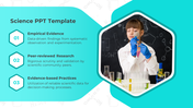Science template showing research steps beside a girl in gloves and lab coat analyzing test tubes in a hexagonal frame.